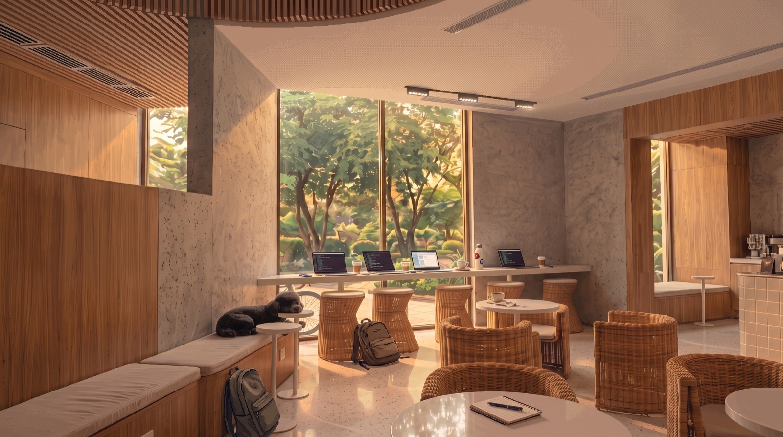 The Angkan cafe interior: a window bar of laptops facing the park, rattan seating, a dog asleep on the bench.